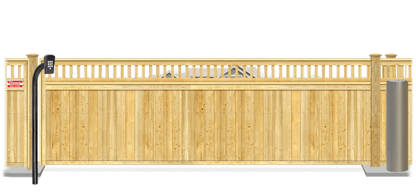 Wood sliding estate gate in closed position